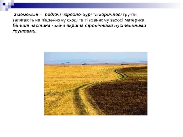 3)земельні = родючі червоно-бурі та коричневі ґрунти залягають на південному сході