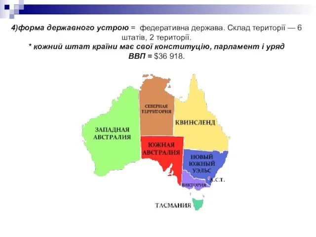 4)форма державного устрою = федеративна держава. Склад території — 6 штатів,