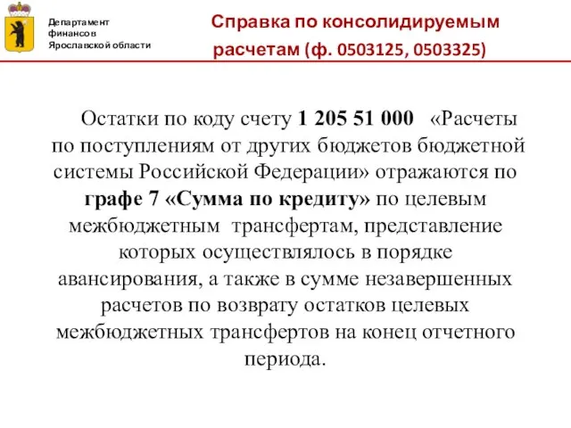 Справка по консолидируемым расчетам (ф. 0503125, 0503325) Департамент финансов Ярославской области