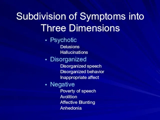 Subdivision of Symptoms into Three Dimensions Psychotic Delusions Hallucinations Disorganized Disorganized