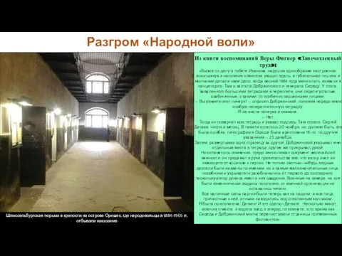 Разгром «Народной воли» Шлиссельбургская тюрьма в крепости на острове Орешек, где