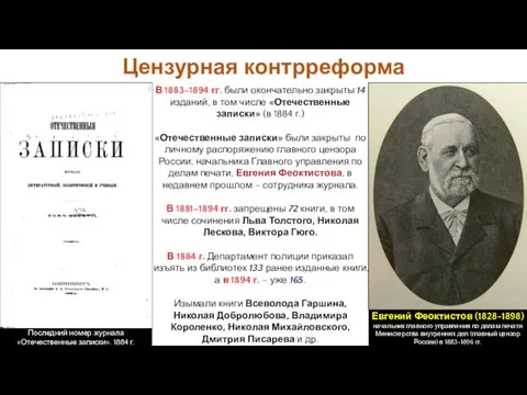 Цензурная контрреформа В 1883–1894 гг. были окончательно закрыты 14 изданий, в