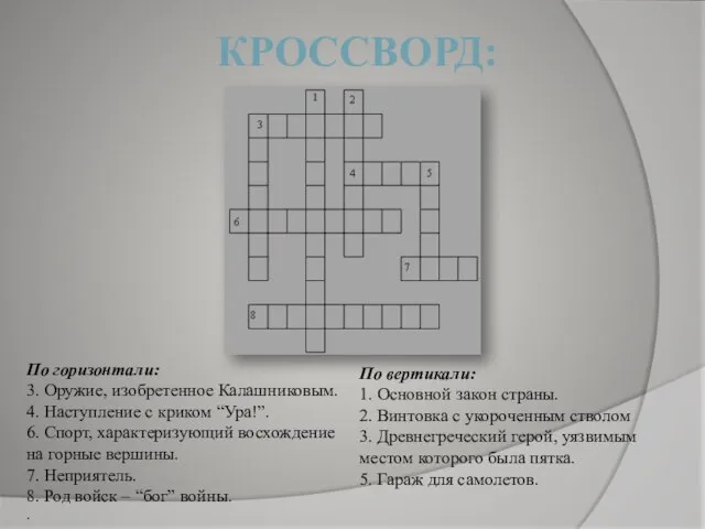 КРОССВОРД: По горизонтали: 3. Оружие, изобретенное Калашниковым. 4. Наступление с криком