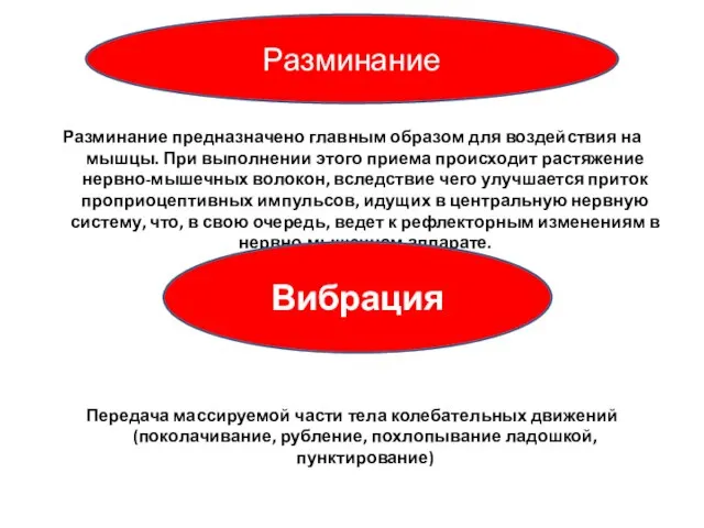 Разминание предназначено главным образом для воздействия на мышцы. При выполнении этого