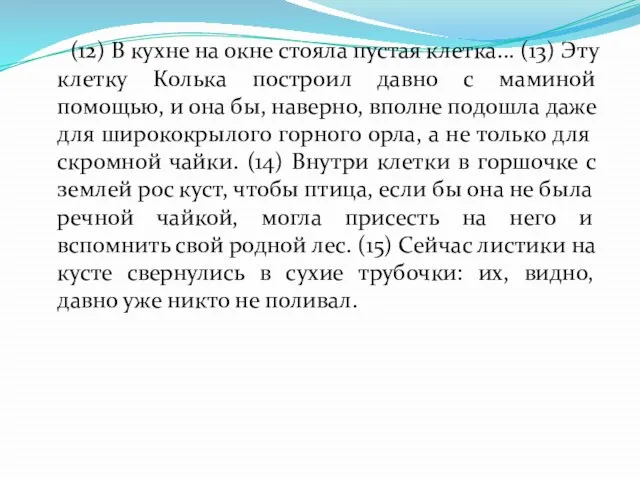 (12) В кухне на окне стояла пустая клетка... (13) Эту клетку