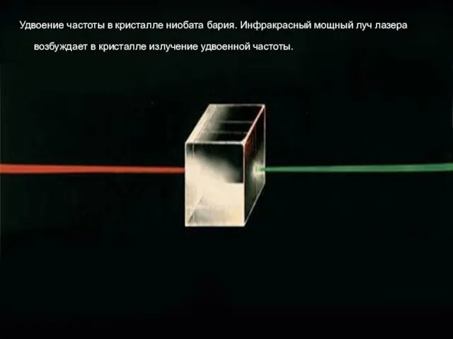 Удвоение частоты в кристалле ниобата бария. Инфракрасный мощный луч лазера возбуждает в кристалле излучение удвоенной частоты.