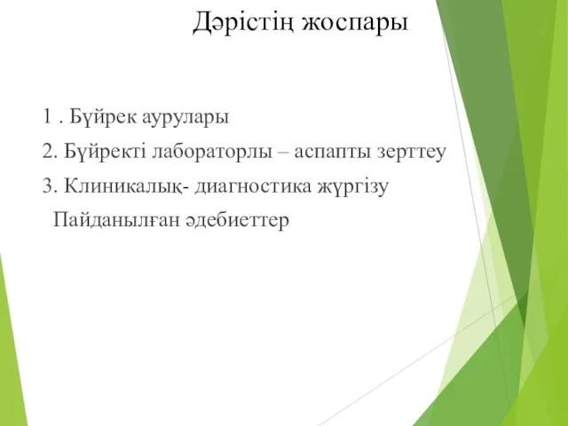 Дәрістің жоспары 1 . Бүйрек аурулары 2. Бүйректі лабораторлы – аспапты