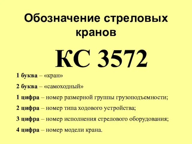 Обозначение стреловых кранов КС 3572 1 буква – «кран» 2 буква