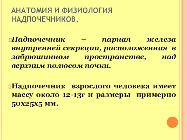 АНАТОМИЯ И ФИЗИОЛОГИЯ НАДПОЧЕЧНИКОВ. Надпочечник – парная железа внутренней секреции, расположенная