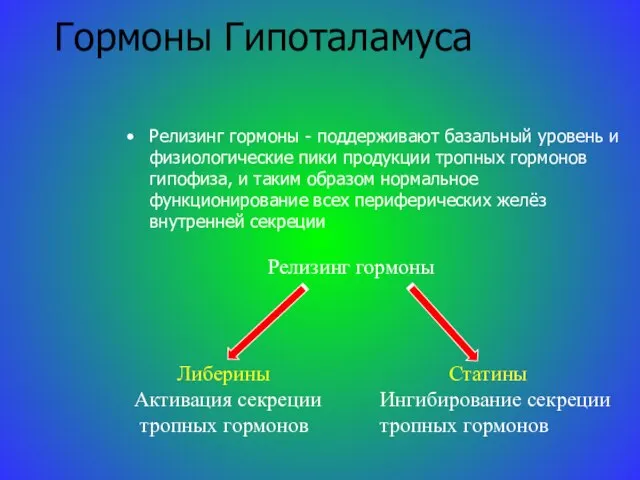 Гормоны Гипоталамуса Релизинг гормоны - поддерживают базальный уровень и физиологические пики