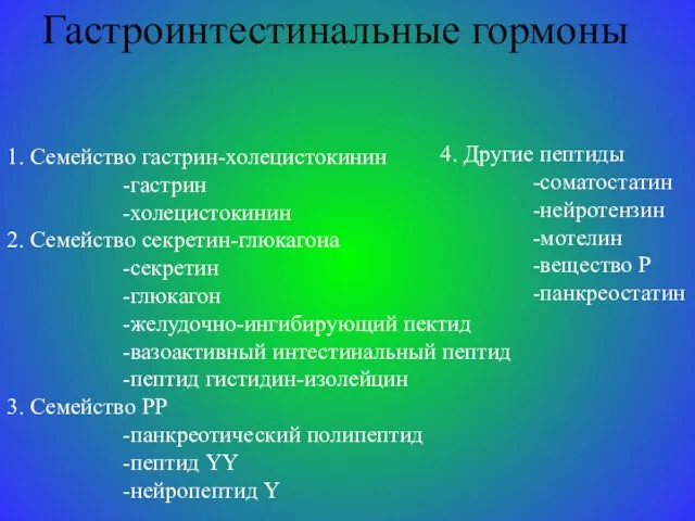 Гастроинтестинальные гормоны 1. Семейство гастрин-холецистокинин -гастрин -холецистокинин 2. Семейство секретин-глюкагона -секретин