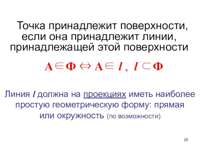 Точка принадлежит поверхности, если она принадлежит линии, принадлежащей этой поверхности А∈Ф