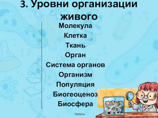 3. Уровни организации живого Молекула Клетка Ткань Орган Система органов Организм Популяция Биогеоценоз Биосфера