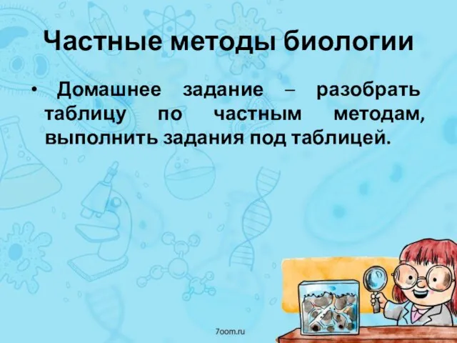 Частные методы биологии Домашнее задание – разобрать таблицу по частным методам, выполнить задания под таблицей.