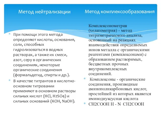 Метод нейтрализации При помощи этого метода определяют кислоты, основания, соли, способных