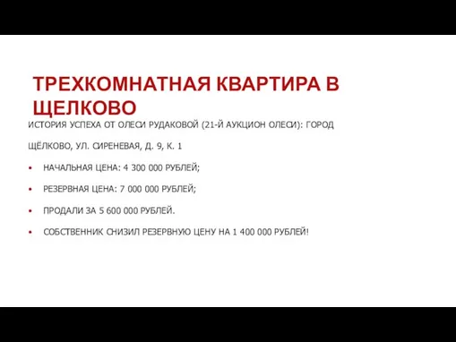 ТРЕХКОМНАТНАЯ КВАРТИРА В ЩЕЛКОВО ИСТОРИЯ УСПЕХА ОТ ОЛЕСИ РУДАКОВОЙ (21-Й АУКЦИОН