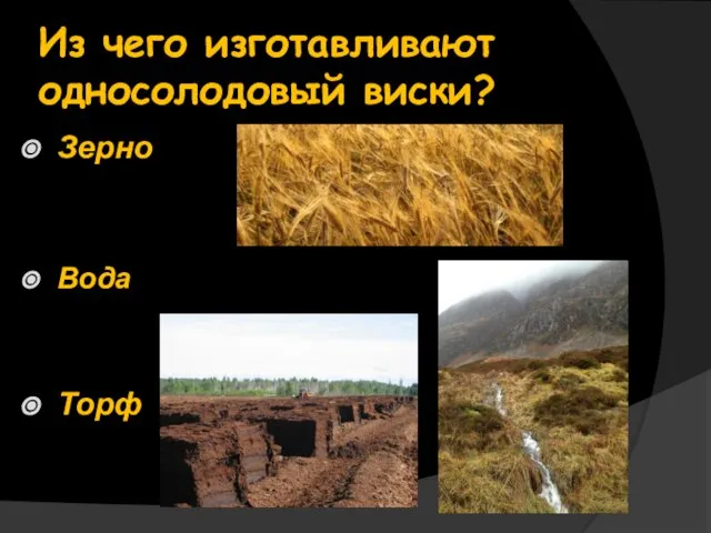 Из чего изготавливают односолодовый виски? Зерно Вода Торф