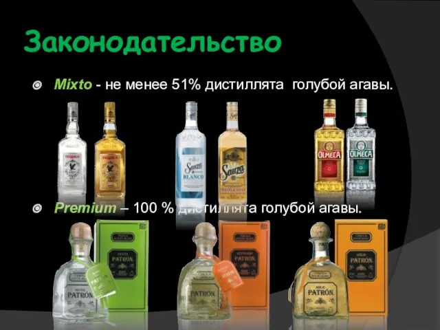 Законодательство Mixto - не менее 51% дистиллята голубой агавы. Premium – 100 % дистиллята голубой агавы.