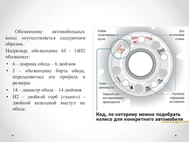 Обозначение автомобильных колес осуществляется следующим образом. Например, обозначение 6J - 14Н2