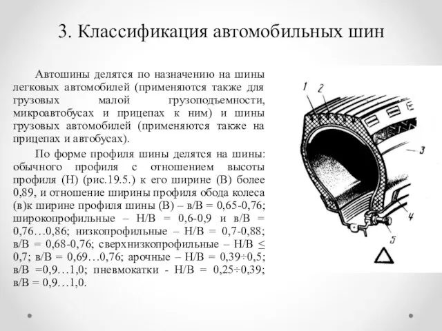 3. Классификация автомобильных шин Автошины делятся по назначению на шины легковых