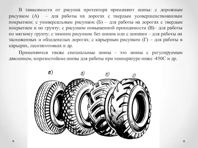 В зависимости от рисунка протектора применяют шины: с дорожным рисунком (А)