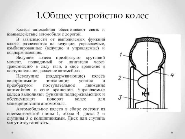 1.Общее устройство колес Колеса автомобиля обеспечивают связь и взаимодействие автомобиля с