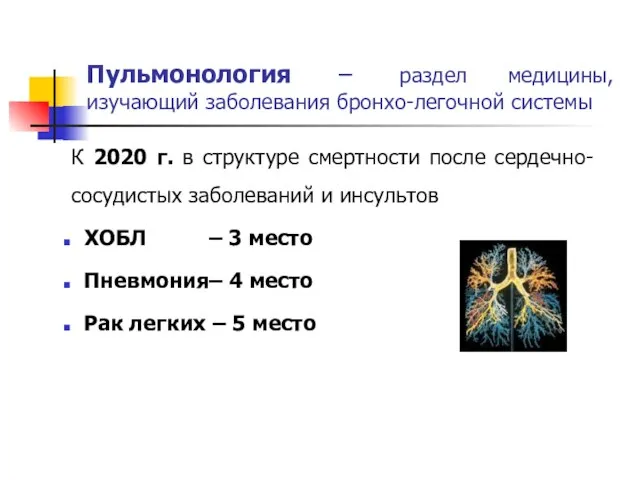 Пульмонология – раздел медицины, изучающий заболевания бронхо-легочной системы К 2020 г.