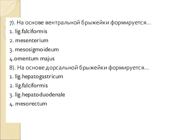 7). На основе вентральной брыжейки формируется… 1. lig.falciformis 2. mesenterium 3.