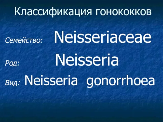 Классификация гонококков Семейство: Neisseriaceae Род: Neisseria Вид: Neisseria gonorrhoea