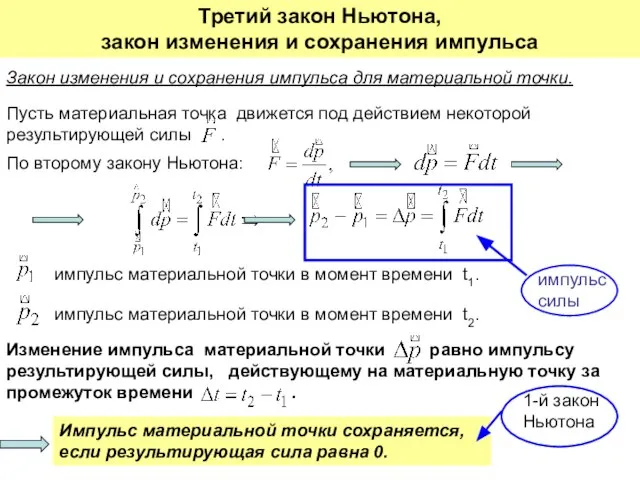 Третий закон Ньютона, закон изменения и сохранения импульса Закон изменения и сохранения импульса для материальной точки.