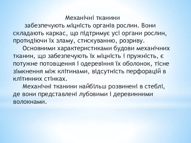 Механічні тканини забезпечують міцність органів рослин. Вони складають каркас, що підтримує