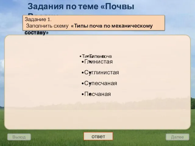 Выход Далее Задания по теме «Почвы России» Задание 1. Заполнить схему