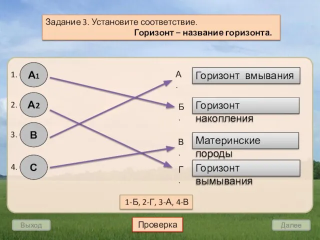 Выход Далее Задание 3. Установите соответствие. Горизонт – название горизонта. Горизонт