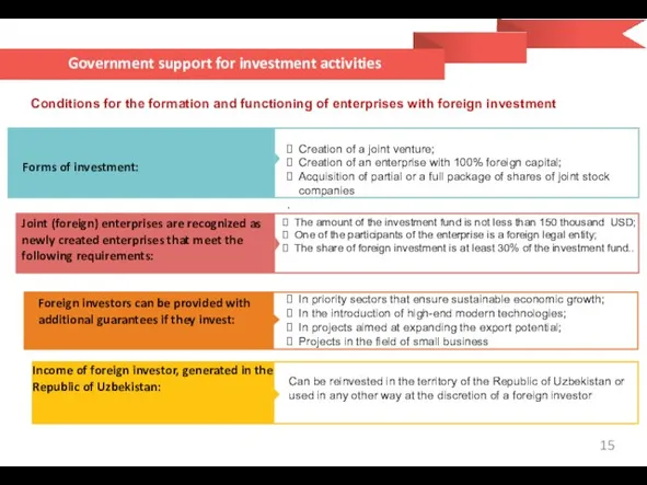 Government support for investment activities Conditions for the formation and functioning of enterprises with foreign investment