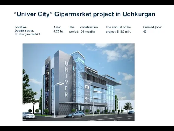 “Univer City” Gipermarket project in Uchkurgan Location: Dostlik street, Uchkurgan district