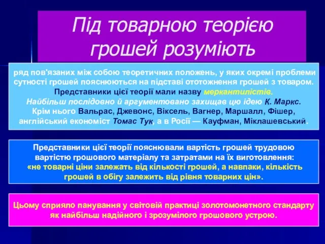 Під товарною теорією грошей розуміють ряд пов'язаних між собою теоретичних положень,