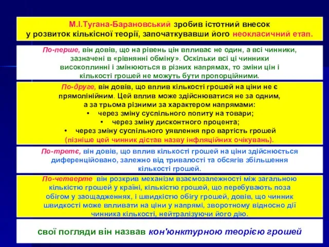 М.І.Тугана-Барановський зробив істотний внесок у розвиток кількісної теорії, започаткувавши його неокласичний