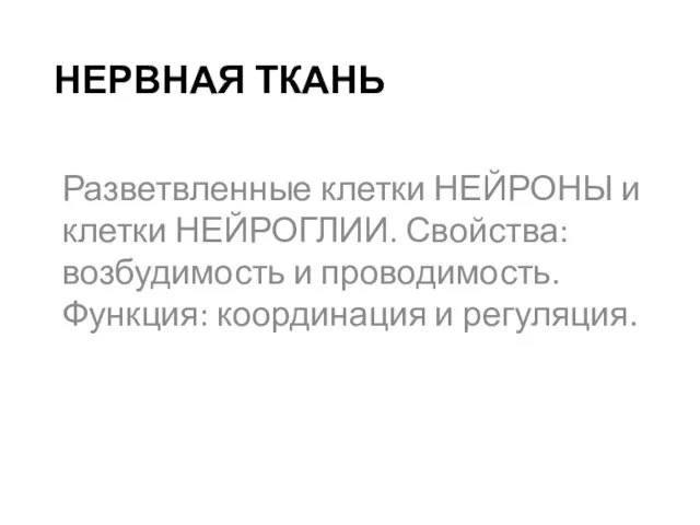 НЕРВНАЯ ТКАНЬ Разветвленные клетки НЕЙРОНЫ и клетки НЕЙРОГЛИИ. Свойства: возбудимость и проводимость. Функция: координация и регуляция.