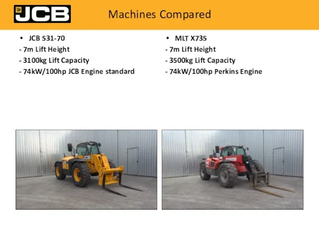 Machines Compared JCB 531-70 - 7m Lift Height - 3100kg Lift