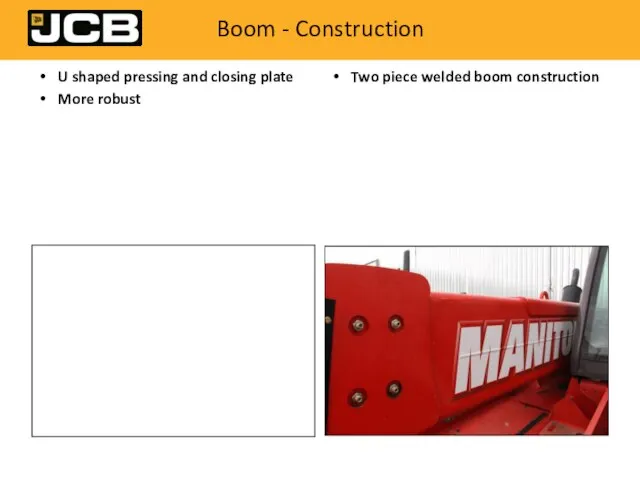 Boom - Construction U shaped pressing and closing plate More robust Two piece welded boom construction