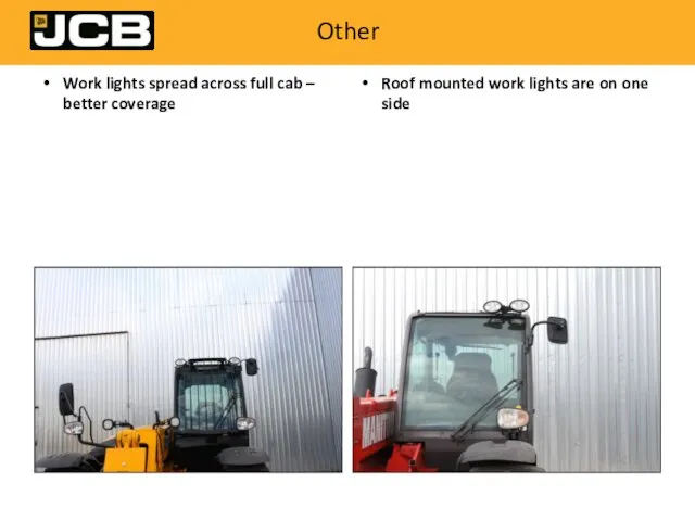 Other Work lights spread across full cab – better coverage Roof