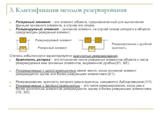 3. Классификация методов резервирования Резервный элемент – это элемент объекта, предназначенный