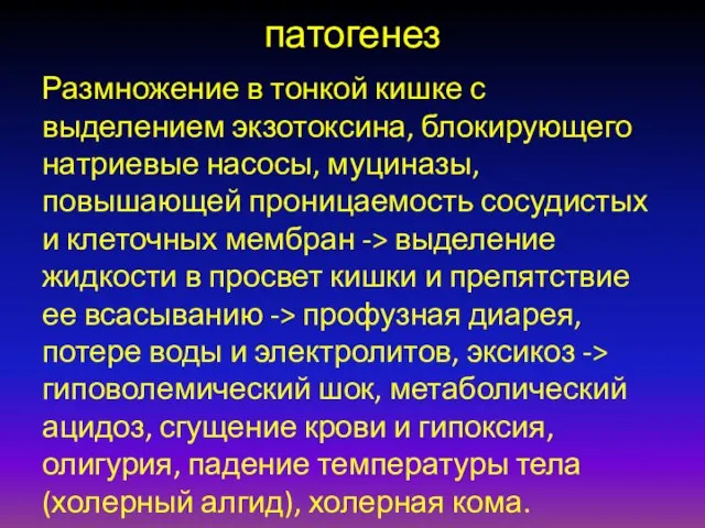 патогенез Размножение в тонкой кишке с выделением экзотоксина, блокирующего натриевые насосы,