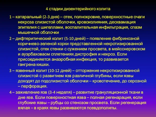 4 стадии дизентерийного колита 1 – катаральный (2-3 дня) – отек,