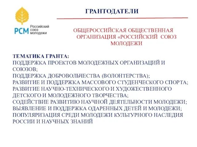 ГРАНТОДАТЕЛИ ТЕМАТИКА ГРАНТА: ПОДДЕРЖКА ПРОЕКТОВ МОЛОДЕЖНЫХ ОРГАНИЗАЦИЙ И СОЮЗОВ; ПОДДЕРЖКА ДОБРОВОЛЬЧЕСТВА