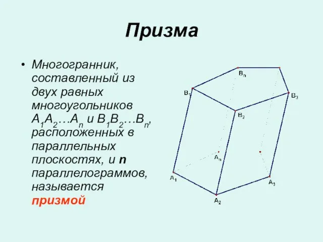 Призма Многогранник, составленный из двух равных многоугольников A1A2…An и B1B2…Bn, расположенных