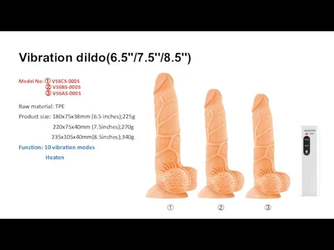 Vibration dildo(6.5''/7.5''/8.5'') Model No: ① V56C5-0005 ② V56B5-0005 ③ V56A5-0005 Raw