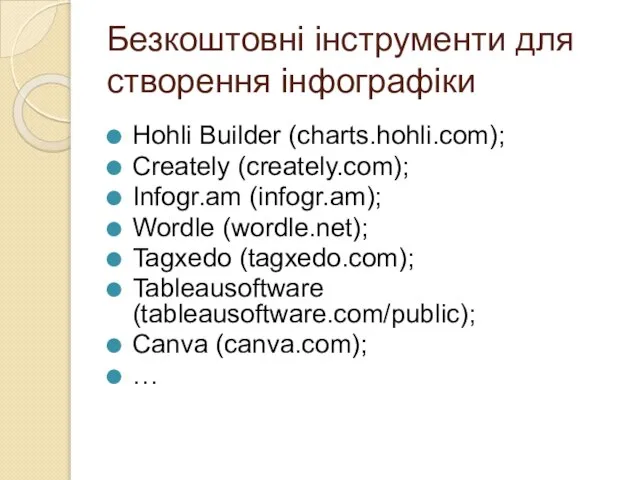 Безкоштовні інструменти для створення інфографіки Hohli Builder (charts.hohli.com); Сreately (creately.com); Infogr.am