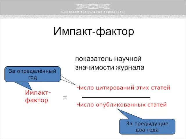 Импакт-фактор показатель научной значимости журнала Импакт-фактор = Число цитирований этих статей