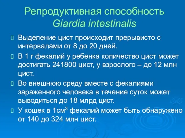 Репродуктивная способность Giardia intestinalis Выделение цист происходит прерывисто с интервалами от